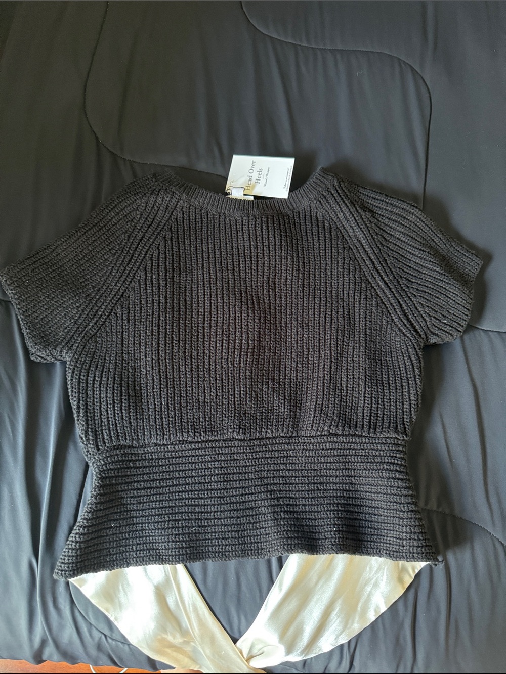 Le Lis Black Short-Sleeve Crewneck Sweater with Cream Satin Back Tie